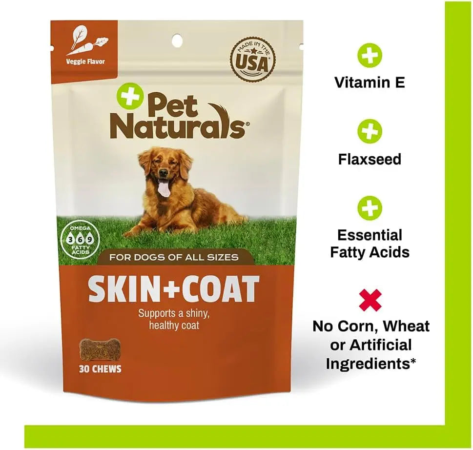 Dog Skin & Coat Supplement with Salmon Oil, Vitamin E & Flax Oil - 30 Chews - No Corn or Wheat - Vet Recommended