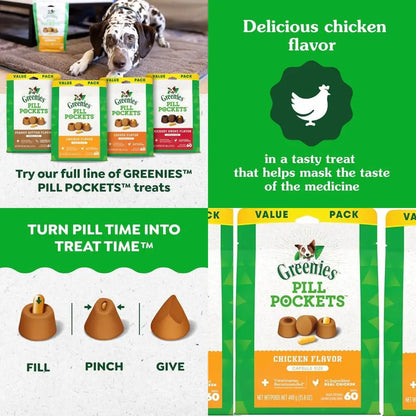 Pill Pockets Treats for Dogs Capsule Pouch, Chicken Flavor, 15.8-Ounce Per Pack (3 Pack)