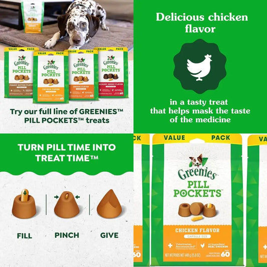 Pill Pockets Treats for Dogs Capsule Pouch, Chicken Flavor, 15.8-Ounce Per Pack (3 Pack)