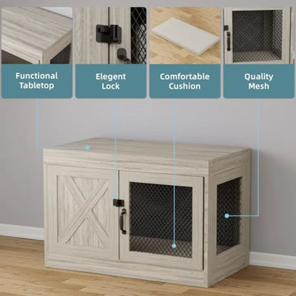 Corner Dog Crate Furniture with Double Doors 36 Inch Wooden Dog Kennel End Table Indoor with Mesh Cage/House for Small Medium L