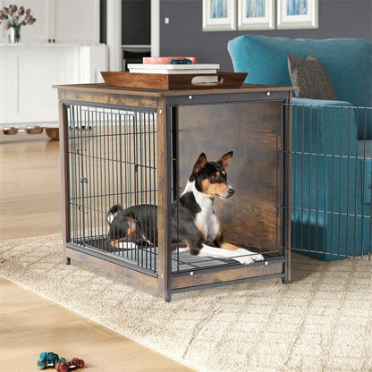 Large Elevated Dog Crate Wooden Dog Kennel Cage Pet House End Table with Double Door and Removable Tray Rustic Furniture Indoor