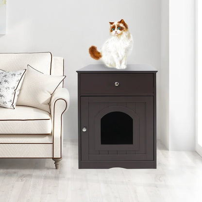Wooden Brown Cat Litter Box Cabinet Furniture Enclosure With Drawer Side Table Pet House Nightstand For Indoor Cats Pet Toilet