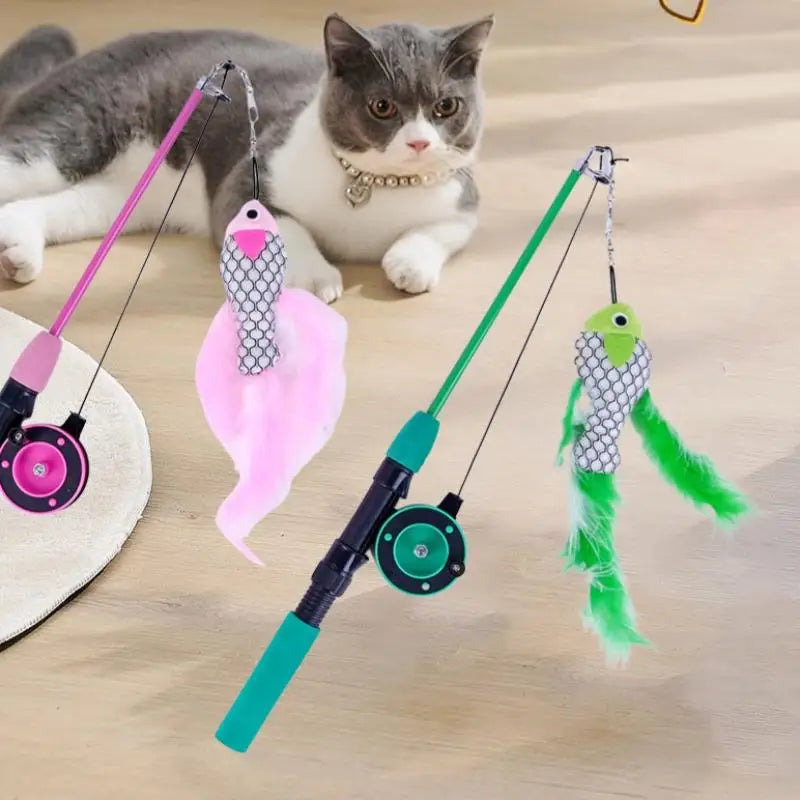 1Pc Telescopic Cat Fishing Rod Toy with Fish & Feathers, Interactive Funny Teaser Wand for Kitten Play