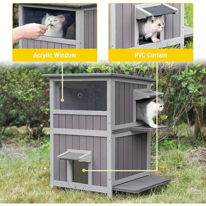Waterproof Outdoor Cat Shelter - 2-Story Feral Kitty House for Winter, Suitable for Indoor and Outdoor Use