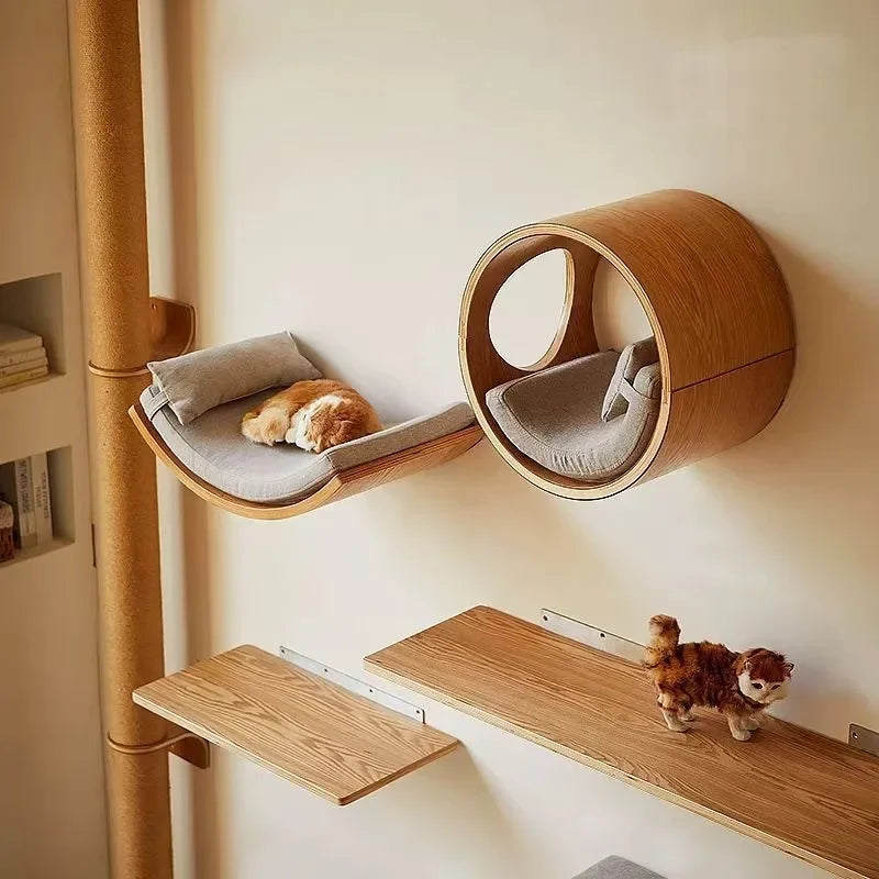 Wooden Cat Climbing Shelves Wall Mounted Cat Tree Sisal Scratching Post Pedal Hammock Indoor Kitten Playground Cats Accessories