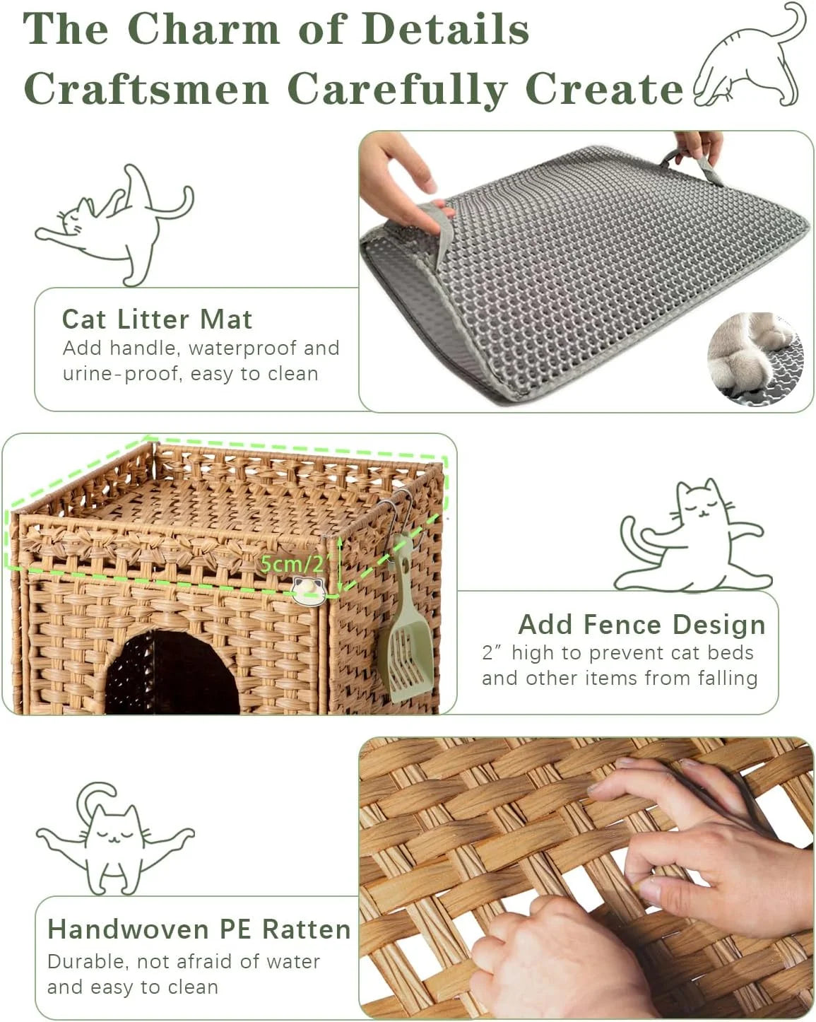 Cat Litter Box Enclosure Furniture, Hidden Litter Box with Mat and Fence, Handwoven Rattan Cat House with Two S-Shaped Hooks for