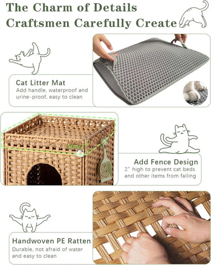 Cat Litter Box Enclosure Furniture, Hidden Litter Box with Mat and Fence, Handwoven Rattan Cat House with Two S-Shaped Hooks for