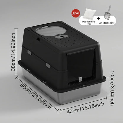 New Stainless Steel Cat Litter Box with Flip Cover Closed Design Easy to Clean Non-Slip Mat Indoor Cats Pet Supplies