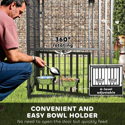 Welded Wire Outdoor Dog Kennel with 360° Rotating & 4 Levels Adjustable Bowls, Waterproof Cover, 4.6' x 4.6' x 5'