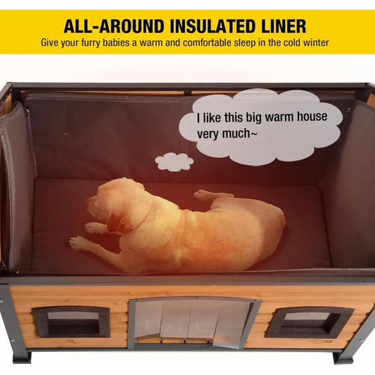 Insulated Wooden Dog Kennel with Anti-Chew Metal Frame – Weatherproof Outdoor Dog House (33.5"H) - Pet Suppie