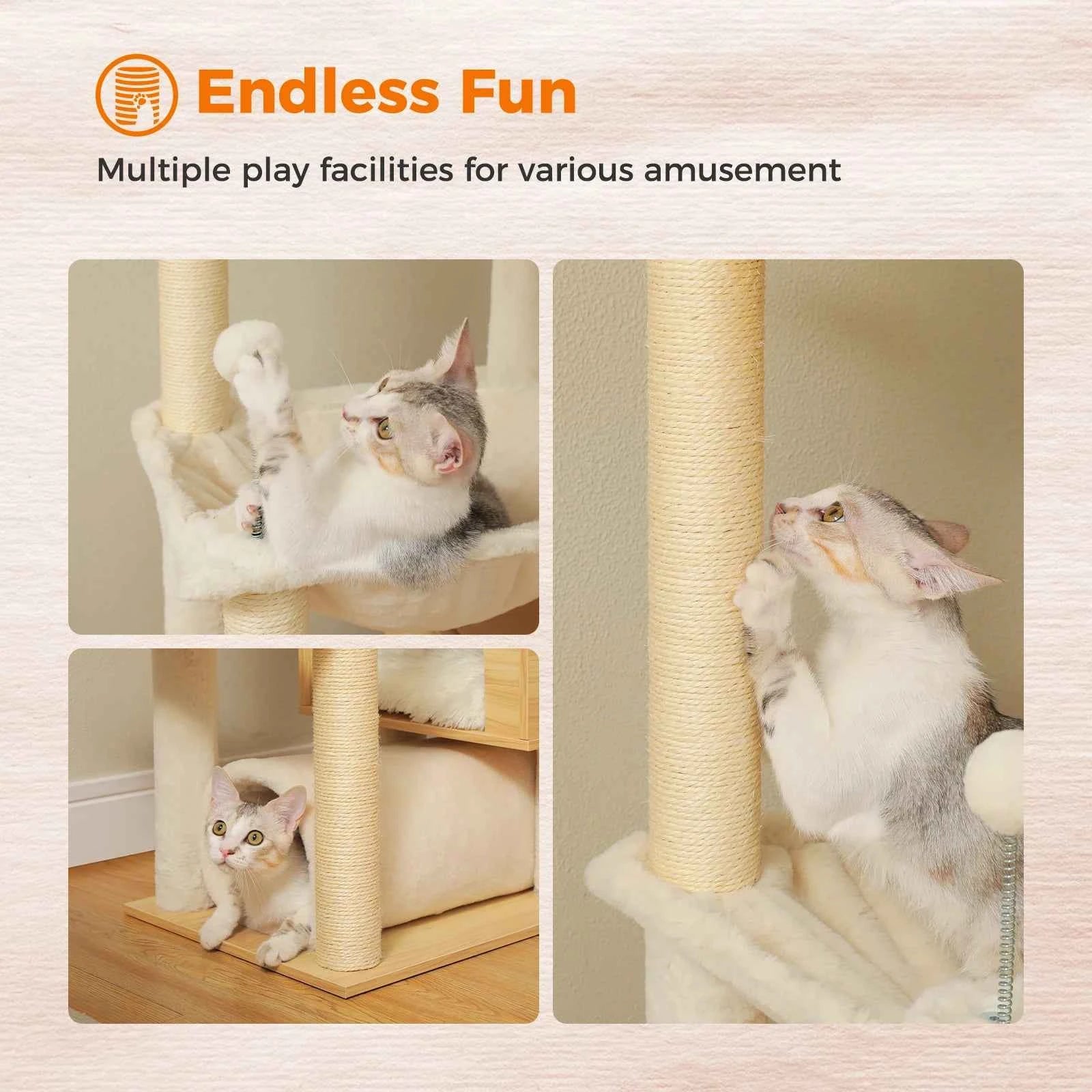 Height Adjustable Wooden Cat Tree with Large Hammock Sisal Scratching Posts Floor to Ceiling Cat Tower Cozy Cat Condo for Indoor