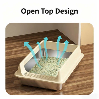 Premium Stainless Steel Cat Litter Box Semi-Enclosed Anti-Splash Cat High Rim Paw Clean Grid Multi Size Kitten Large Cat Toilet