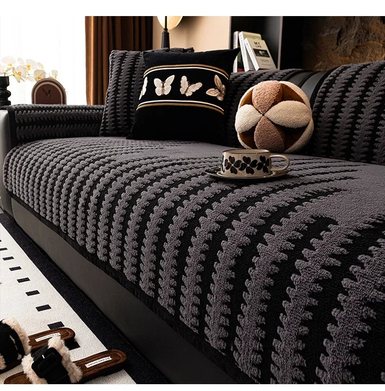Geometric Lines Jacquard Soft Thicken Tuffed Fleece Sofa Towel Blanket for Living Room Cover Machine Washable Pet Friendly