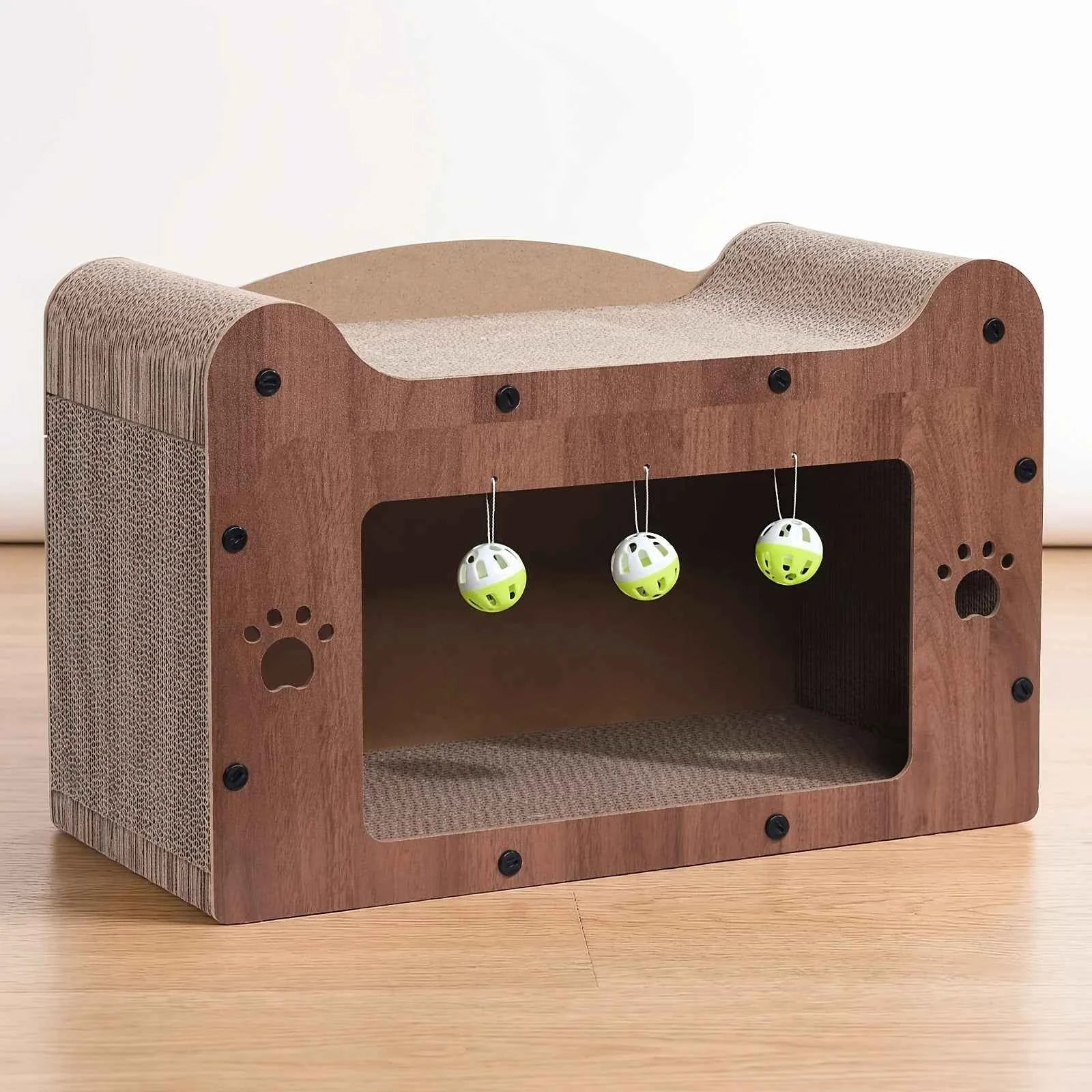 Walnut Cat Scratching House, Durable Cardboard Scratcher & House for Indoor Cats, Multi-Functional Hideout for Scratching, Playing & Resting, Easy to Assemble.