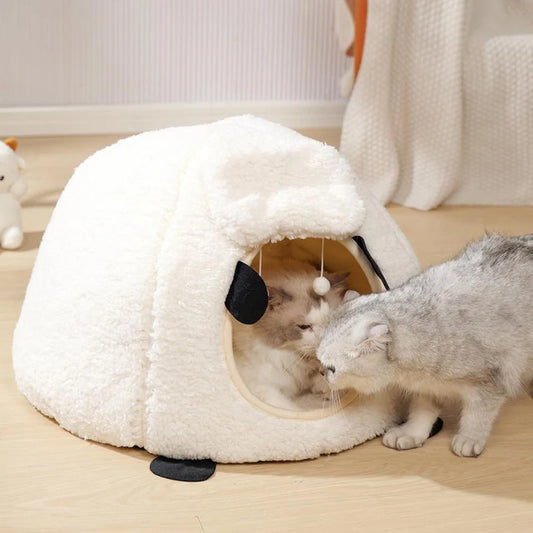 BOOTEELY Winter Warm Sheep Shape Cat Villa Semi-Closed Three-Dimensional Cat House Four Seasons Universal Cat Bed