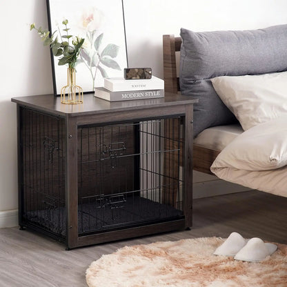Dog Crate Furniture with Cushion, Wooden Kennel Table, Double Doors, Indoor Dog House, Small to XL, 27.2' L, Dark Gray