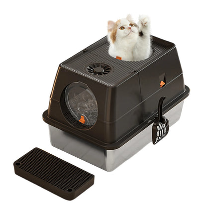Stainless Steel Cat Litter Box, High Sided Enclosure Cat Toilet With Lid, Front And Top Door, Sand Filter Pedal & Litter Scoop