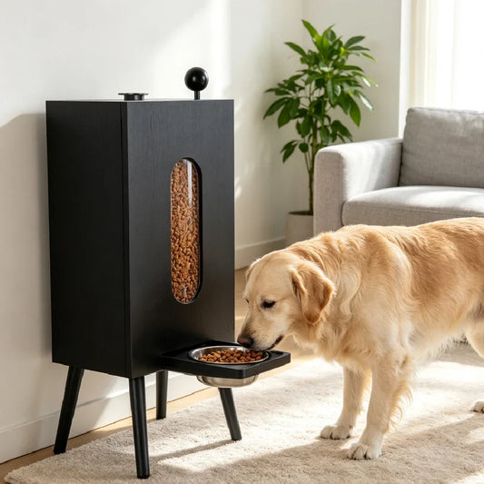 Automatic Elevated Dog Feeding Station, Wooden Pet Dining Table with 10KG Food Storage Container, for Small‑Medium Size Dogs