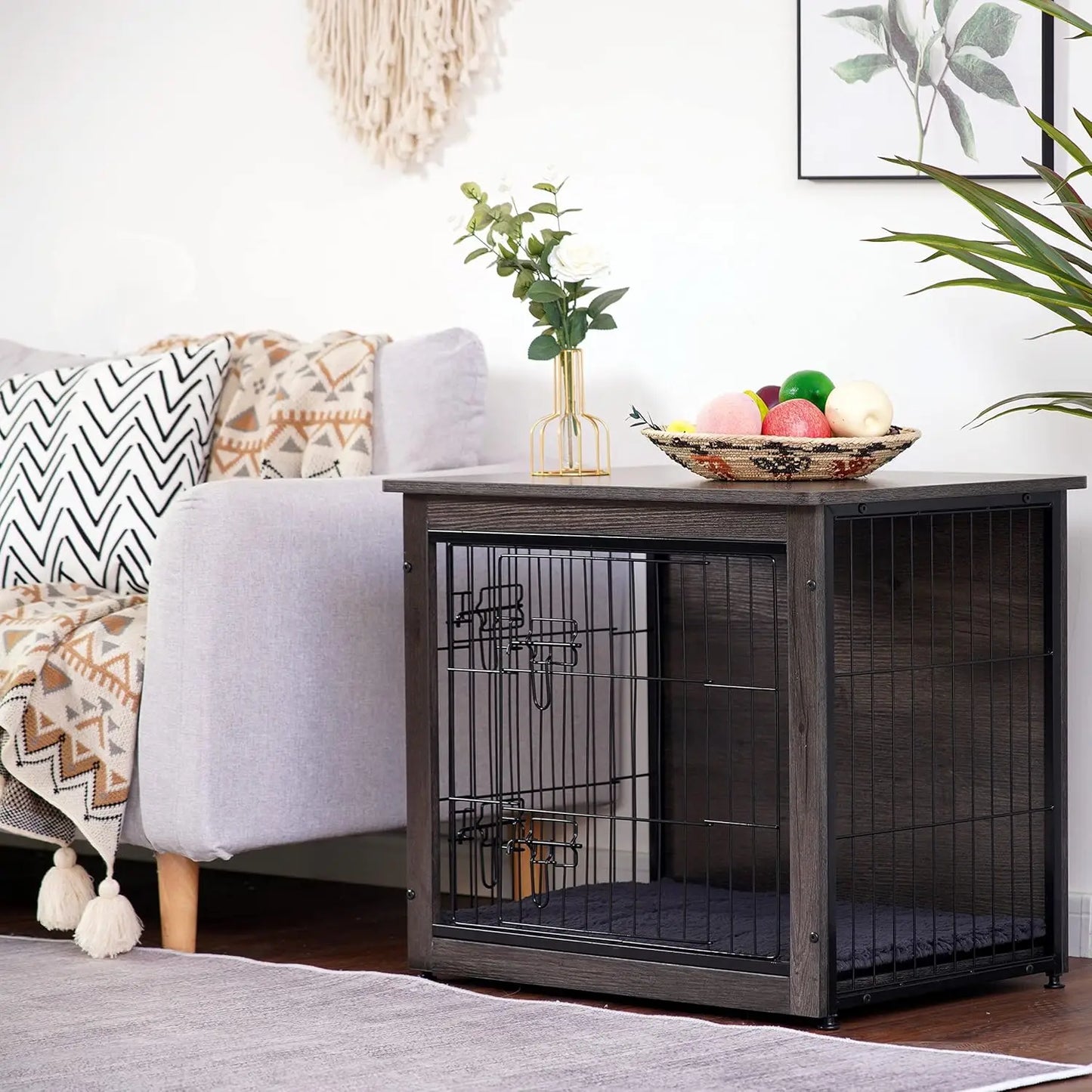 Dog Crate Furniture with Cushion, Wooden Kennel Table, Double Doors, Indoor Dog House, Small to XL, 27.2' L, Dark Gray