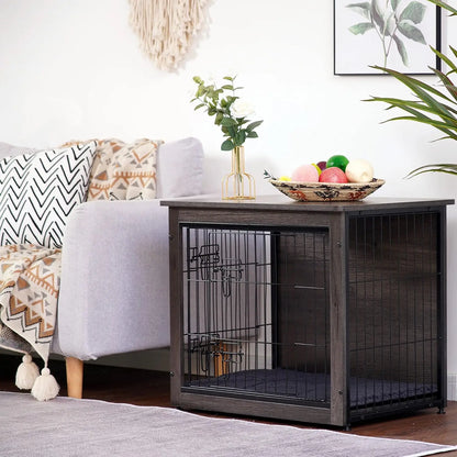 Dog Crate Furniture with Cushion, Wooden Kennel Table, Double Doors, Indoor Dog House, Small to XL, 27.2' L, Dark Gray