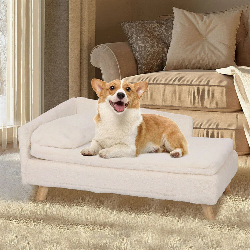 Luxury Elevated Dog Sofa Bed with Backrest Plush Cushion Wooden Legs Raised Dog Bed Lounger Chair for Small Medium Dog Cat Chair