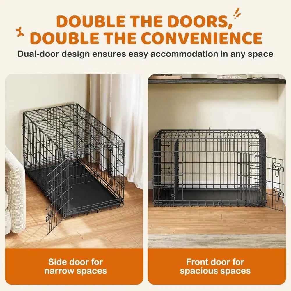 Yah 42in Double Door Dog Crate with Divider,Collapsible Metal Kennel with Removable Tray for Large Dogs Portable Travel,Black