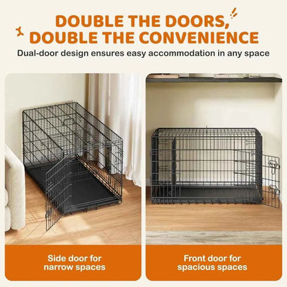 Yah 42in Double Door Dog Crate with Divider,Collapsible Metal Kennel with Removable Tray for Large Dogs Portable Travel,Black