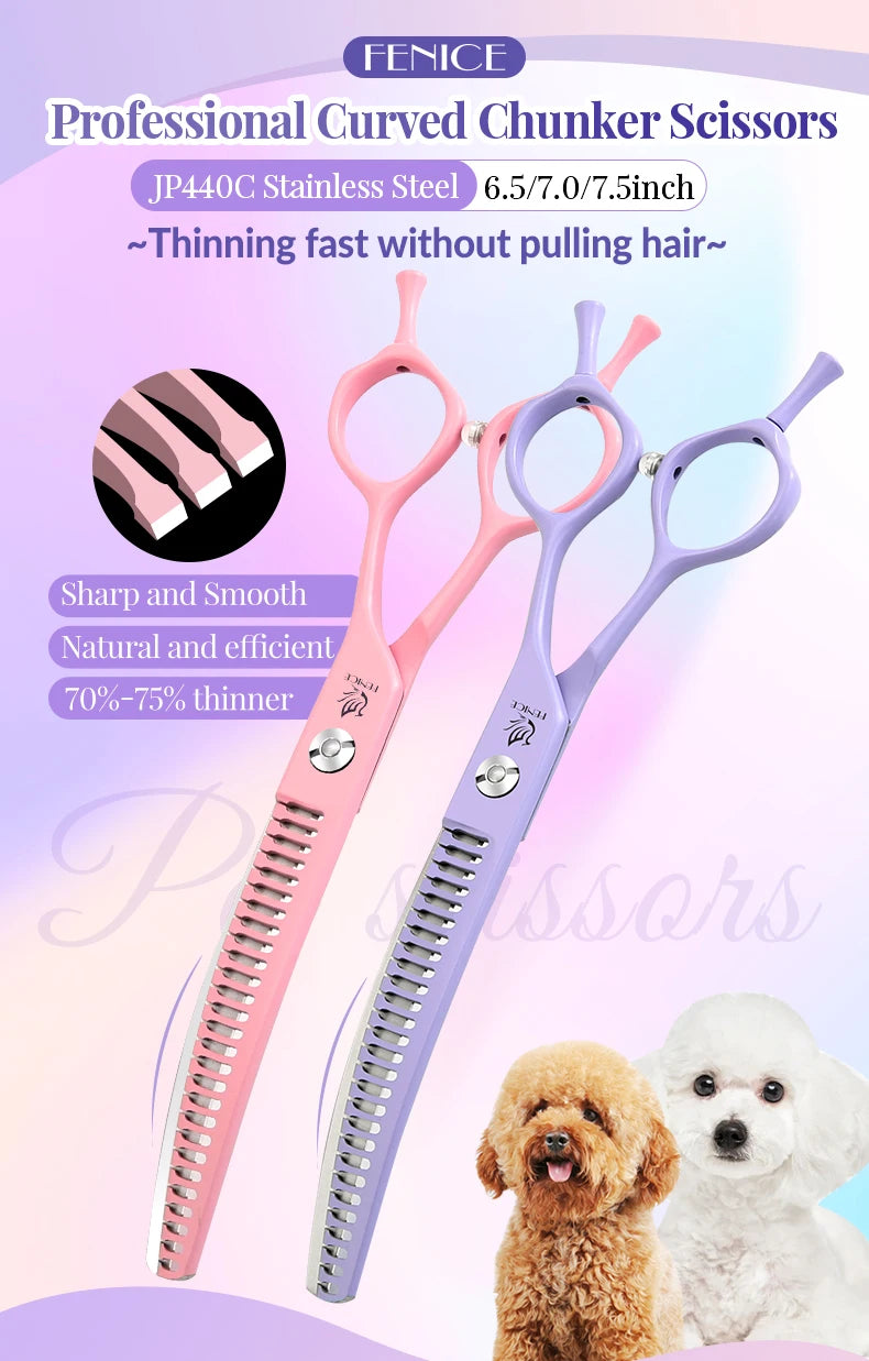 Fenice Dog Beauty Scissors Colorful 6.5/7/7.5 inch JP440C Professional Dog Grooming Scissors Curved Thinner Chunker Shears Tools