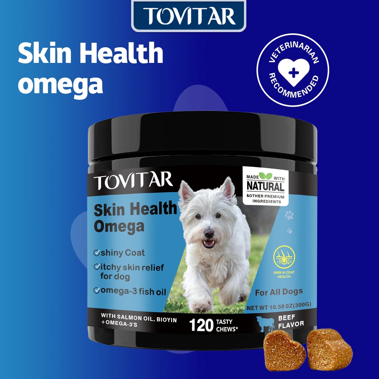 Dog Skin Care Health Omega Chewable Tablets -A dog Omega supplement rich in Omega 3/6/9, fish oil, and DHA-120 Beef Chewable