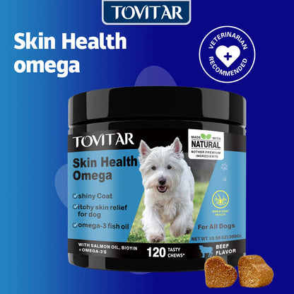 Dog Skin Care Health Omega Chewable Tablets -A dog Omega supplement rich in Omega 3/6/9, fish oil, and DHA-120 Beef Chewable