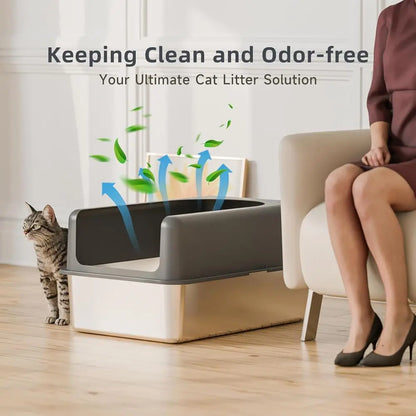 Extra Large Stainless Steel Cat Litter Box with Lid, 24''L x 16''W x 12''H, Easy Clean Metal Pan for Cats