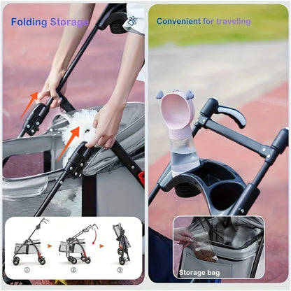 Spacious Pet Stroller for Dogs And Cats, Featuring Foldable Cage, Storage Basket, And Cup Holder Suitable for Small to Medium-Sized Dogs And Cats Four-Wheel Design (Black)