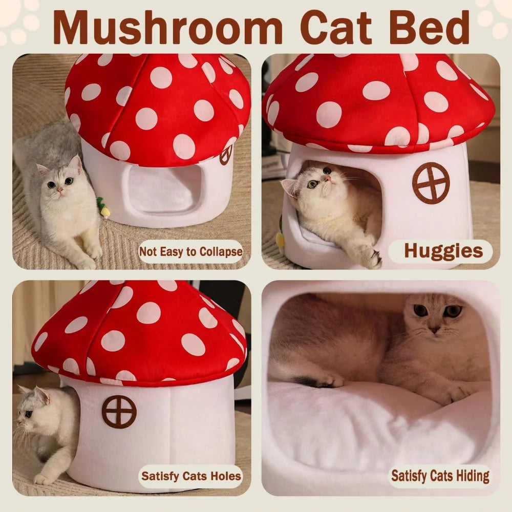 Soft Mushroom Cat Bed House with Cow Print, Semi-Enclosed Plush Cave Nest with Washable Cushion for Cats and Small Dogs