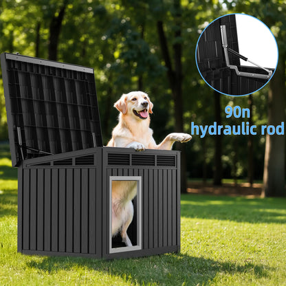 Resin Dog House with Hydraulic Rod, Waterproof Outdoor Insulated Dog Kennel, Slanted Roof Large Dog Shelter for Medium Large Dog