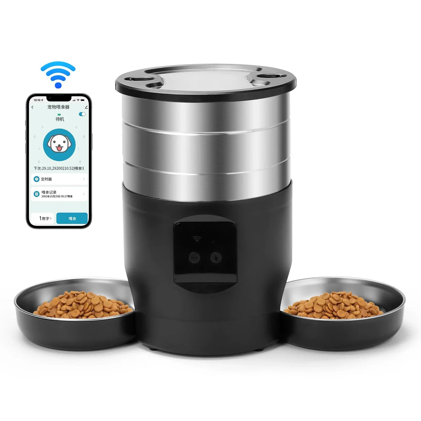 4.5L Intelligent Pet Feeder With Two Stainless Steel Bowls Button & WiFi APP Control Cat/Dogs Timed Food Automatic Dispenser
