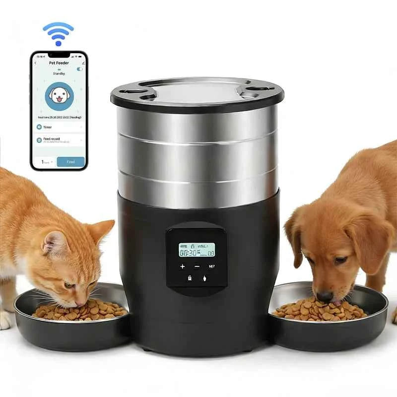 4.5L Intelligent Pet Feeder With Two Stainless Steel Bowls Button & WiFi APP Control Cat/Dogs Timed Food Automatic Dispenser