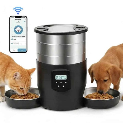 4.5L Intelligent Pet Feeder With Two Stainless Steel Bowls Button & WiFi APP Control Cat/Dogs Timed Food Automatic Dispenser