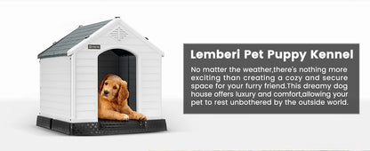Durable Waterproof Plastic Dog House for Small to Large Sized Dogs, Indoor Outdoor Doghouse Puppy Shelter with Elevated Floor