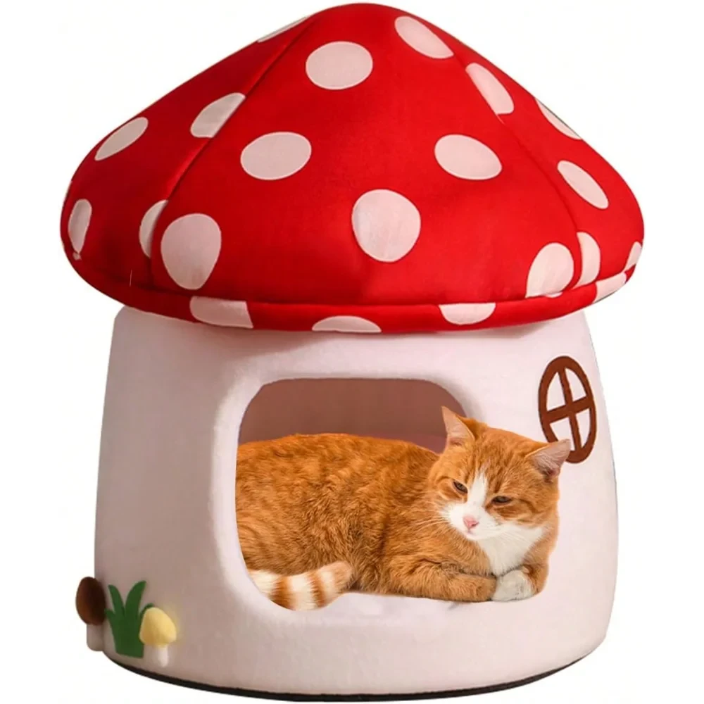 Soft Mushroom Cat Bed House with Cow Print, Semi-Enclosed Plush Cave Nest with Washable Cushion for Cats and Small Dogs