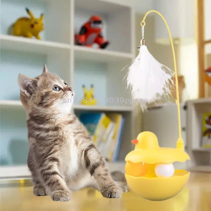 {QTG333} Tumbler Cat Teaser Toy With Removable Feathers & Bells - Self Amusing Kitten Play Wand Easy To Clean And Reassemble