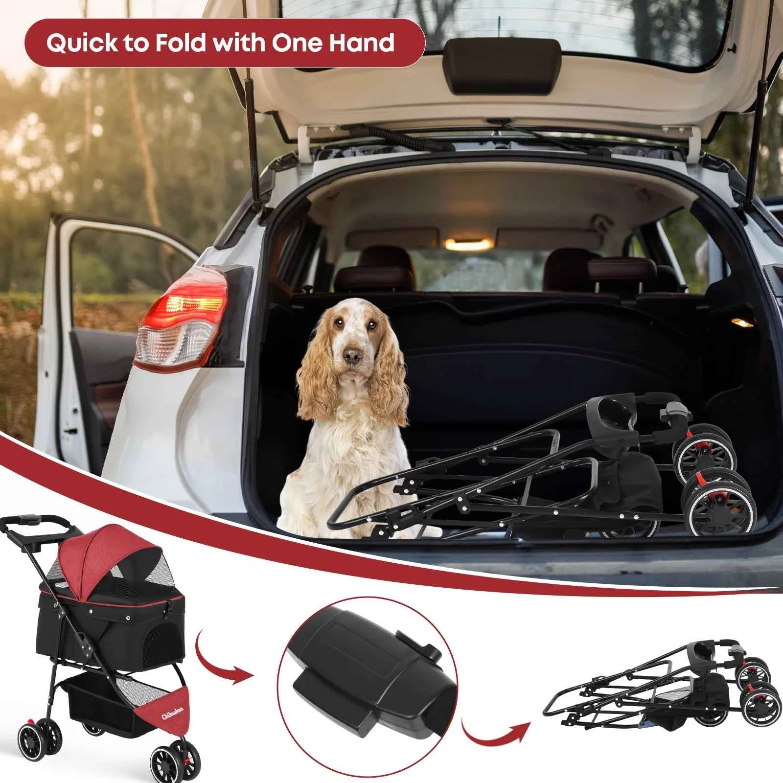 Pet Stroller For Small Medium Cats&Dogs 3 Wheels Foldable with Breathable Mesh Canopy Pet Travel Carrier Suitable Outdoor Travel