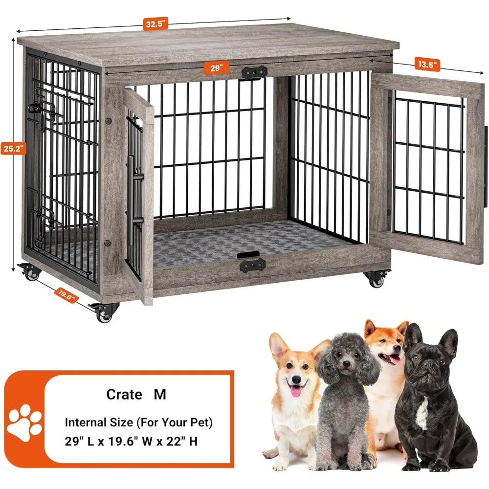 Lulive Dogs Crate Furniture for Medium Dogs, 32'' Dogs Kennel Indoor with Cushion & Wheels Wooden Doges Cage Double Doors Dog,Cu