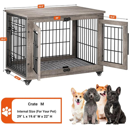 Lulive Dogs Crate Furniture for Medium Dogs, 32'' Dogs Kennel Indoor with Cushion & Wheels Wooden Doges Cage Double Doors Dog,Cu