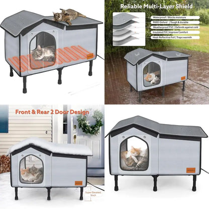 Heated Outdoor Cat Shelter Waterproof with Escape Door and Elevated Base for Winter (26x20x14)