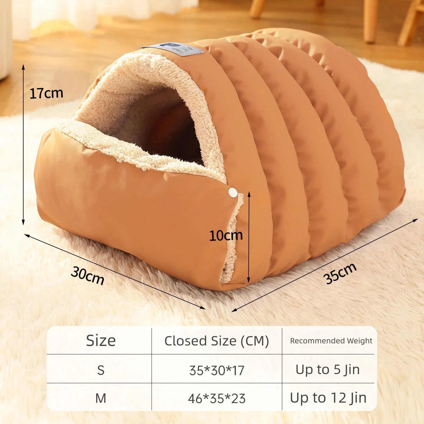 Winter warming semi-enclosed safety pet bed, thickened small dog bed, large space leather cat sleeping bag