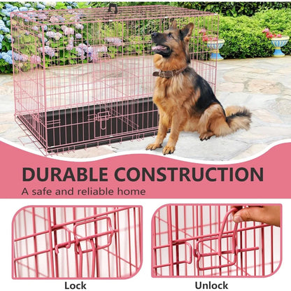Extra Large Dog Crate with Double Door, 48 Inch Folding Metal Wire Cage, Removable Tray & Divider Panel for Large Dogs in Pink
