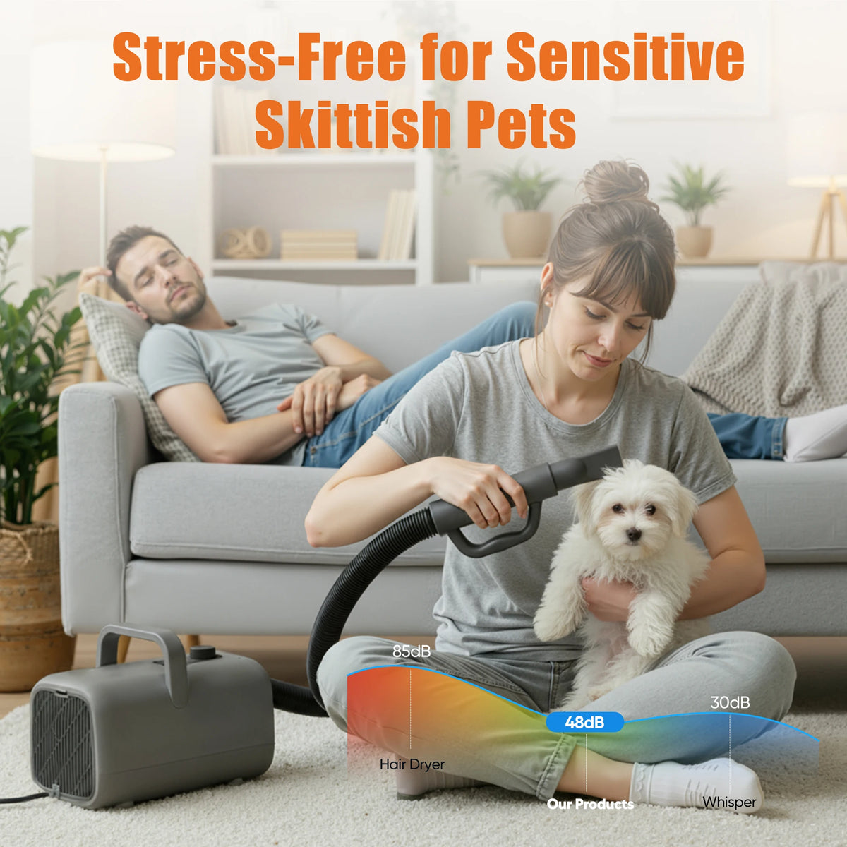 Woman holding a dog and using a product labeled 'Stress-Free for Sensitive Skittish Pets' in a living room setting.