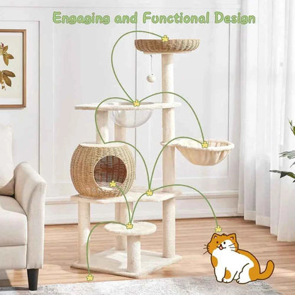 54in Rattan Cat Tree, Modern Tower with Breathable Woven Condo, Scratching Posts amp Washable Cushions, Naturally Cool in Summe