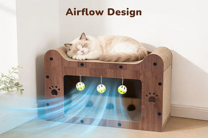 Walnut Cat Scratching House, Durable Cardboard Scratcher & House for Indoor Cats, Multi-Functional Hideout for Scratching, Playing & Resting, Easy to Assemble.