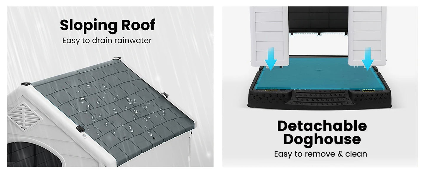 Durable Waterproof Plastic Dog House for Small to Large Sized Dogs, Indoor Outdoor Doghouse Puppy Shelter with Elevated Floor